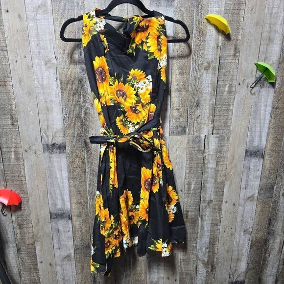 Topdress Women's Polka Audrey Dress Halter Retro Cocktail Dress Black Sunflower - Picture 2 of 4